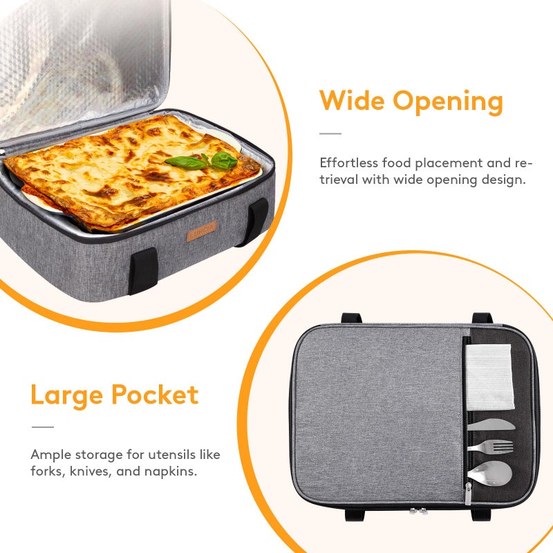 LUNCIA Lifewit LUNCIA Insulated Single Decker Casserole Carrier, Lasagna Lugger Tote Keeps Food Hot or Cold, Thermal Lunch Bag for Potluck Parties, Picnic and Cookouts, Fits 9" x 13" Baking Dish, Grey - Image 5